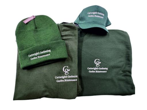 Embroidery Collection of hats and clothing items in green and grey, featuring a logo and text.