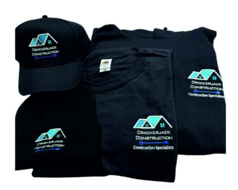 Embroidery Black apparel including a cap and t-shirts, all featuring a blue and white logo.