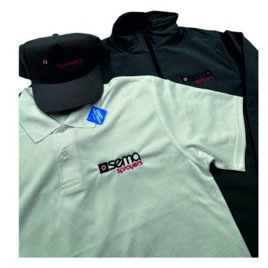 Embroidery Black cap and white polo shirt, both featuring a logo, alongside a black jacket.