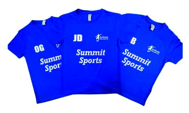 Single Colour Printing Three blue T-shirts featuring the text "Summit Sports" in white.