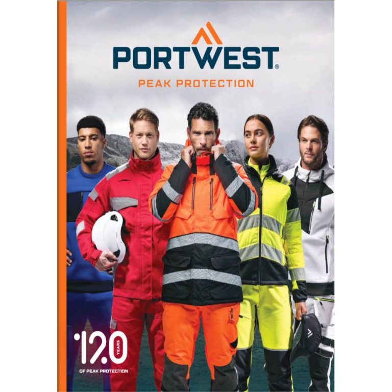Five models wearing various Portwest high-visibility workwear in a promotional display.